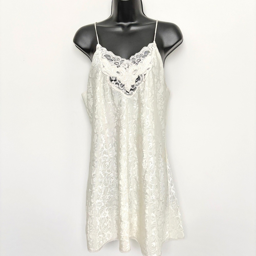 Coquette Slip Dress Nightgown Floral Jacquard Lace Trim Ivory VTG Small